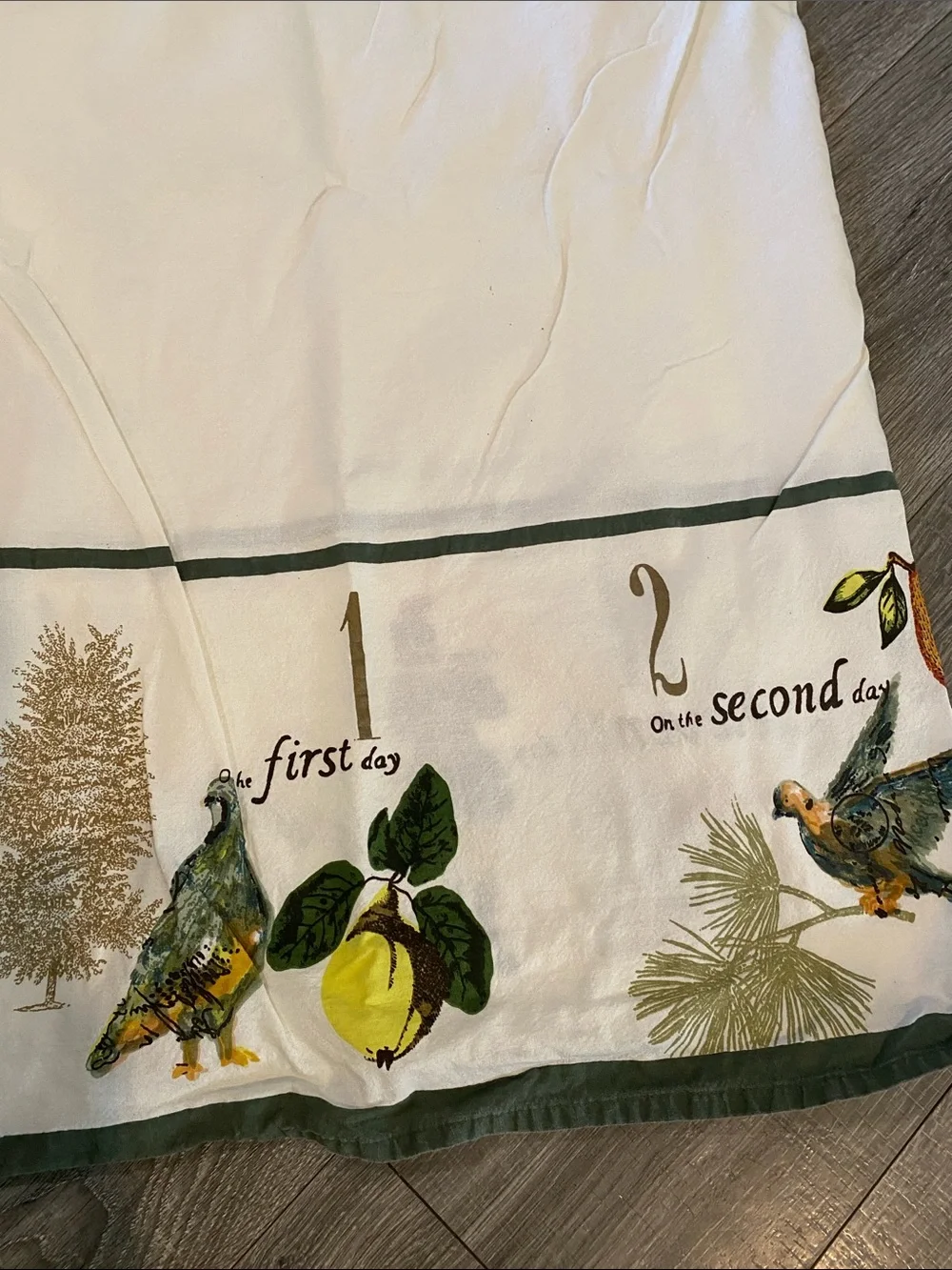 Vintage Williams Sonoma 12 Days of Christmas Green Border Tablecloth 72x100